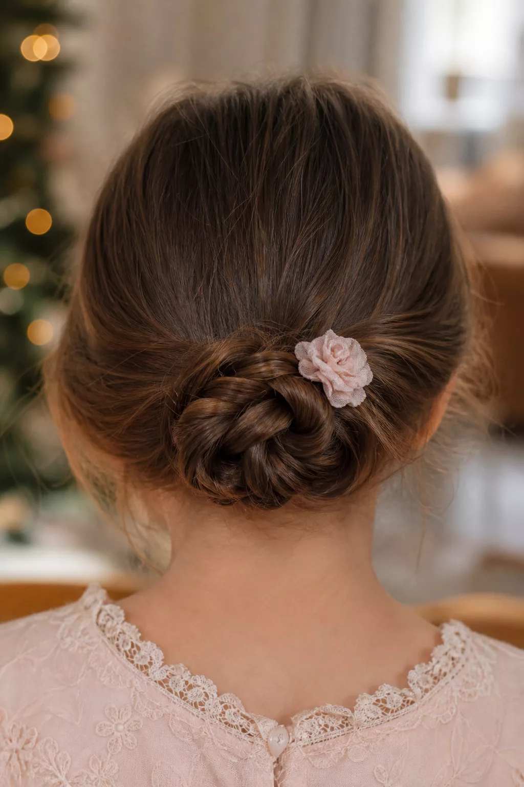 Niedriger Dutt mit Stoffblume für festliche Anlässe