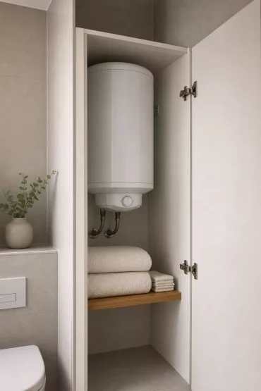 Offener Badschrank zeigt eingebauten Warmwasserboiler
