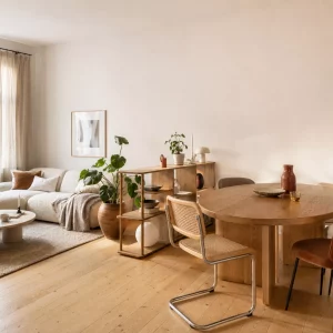 Offener Wohn-Essbereich auf 30 Quadratmetern mit Esstisch und Sofa