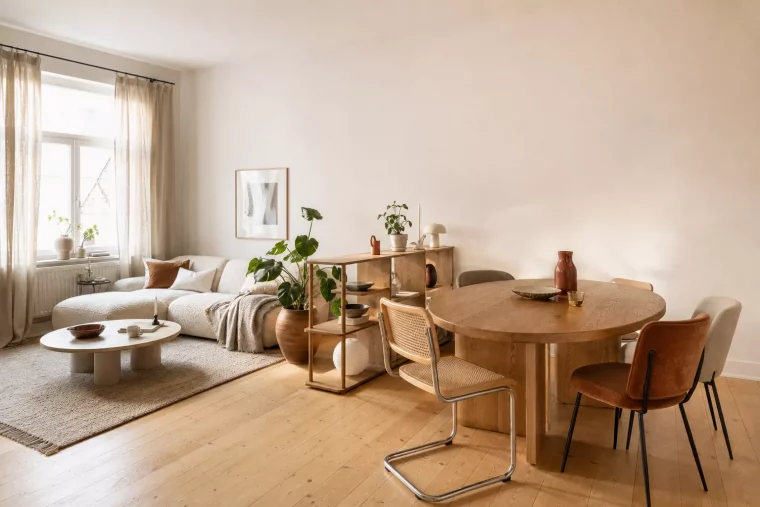 Offener Wohn-Essbereich auf 30 Quadratmetern mit Esstisch und Sofa