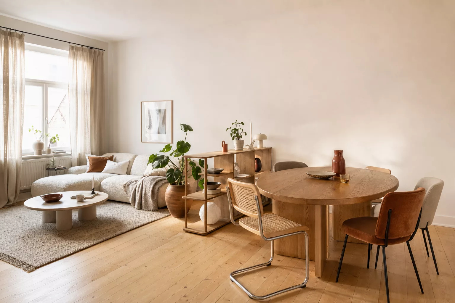 Offener Wohn-Essbereich auf 30 Quadratmetern mit Esstisch und Sofa