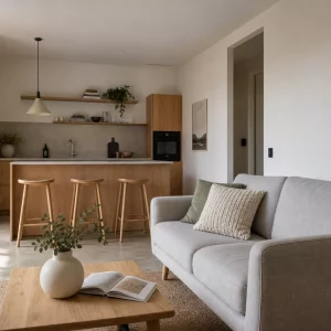 20 qm Wohnzimmer einrichten mit offener Küche und Sofa