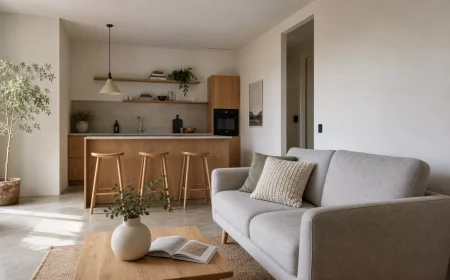 20 qm Wohnzimmer einrichten mit offener Küche und Sofa
