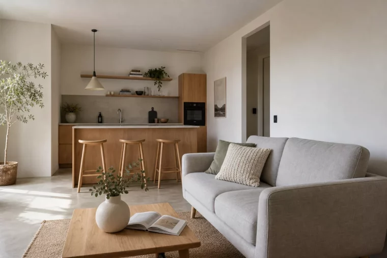 20 qm Wohnzimmer einrichten mit offener Küche und Sofa