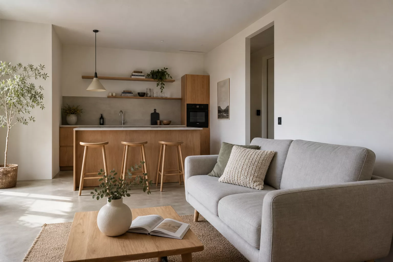 20 qm Wohnzimmer einrichten mit offener Küche und Sofa
