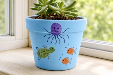 Tontopf mit Fingerabdruck-Motiven: Oktopus, Schildkröte und kleine Fische
