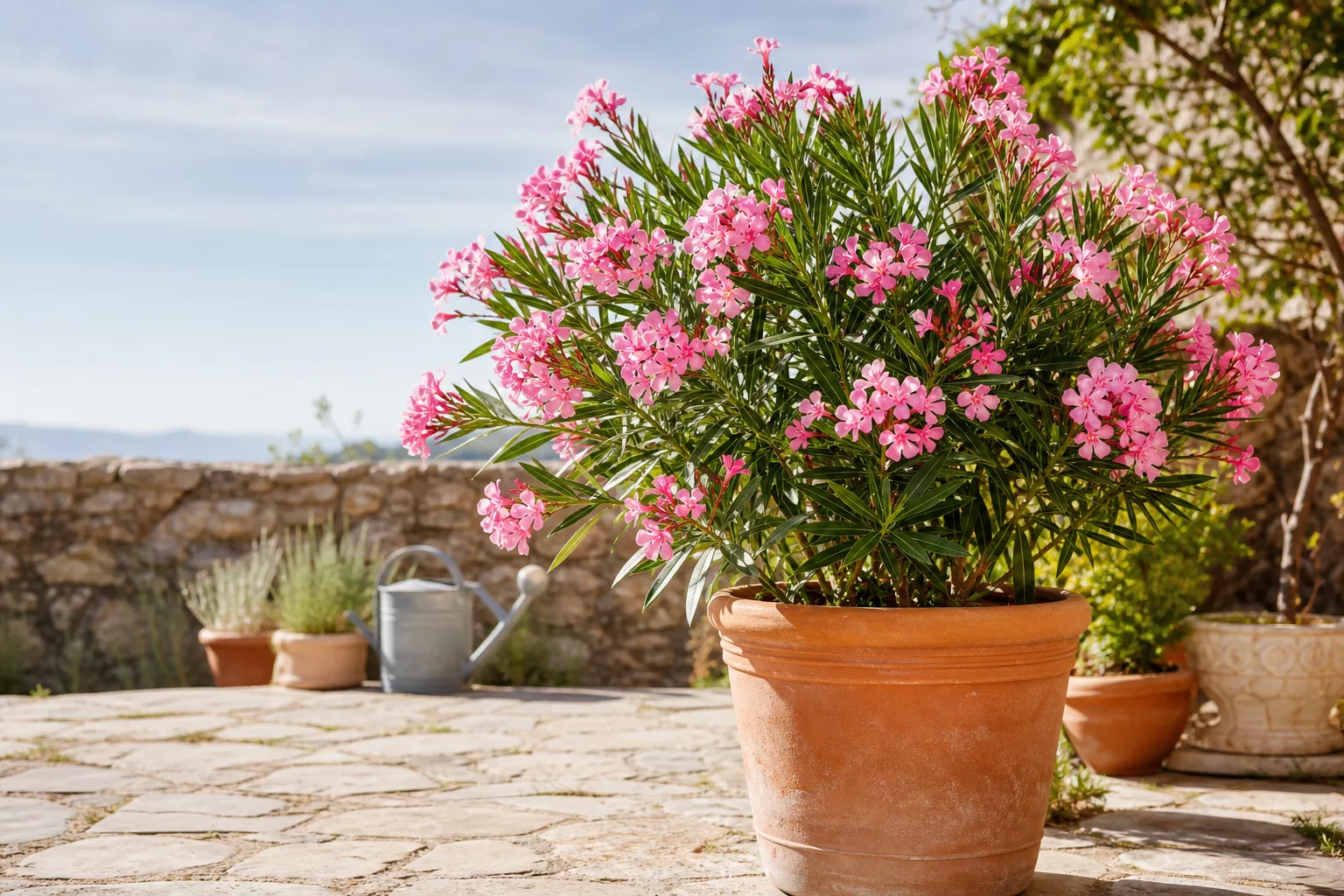 Erholter Oleander blüht rosa auf der Terrasse im Sommer
