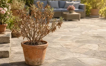 Oleander vertrocknet im Kübel auf sonniger Terrasse nach dem Winter