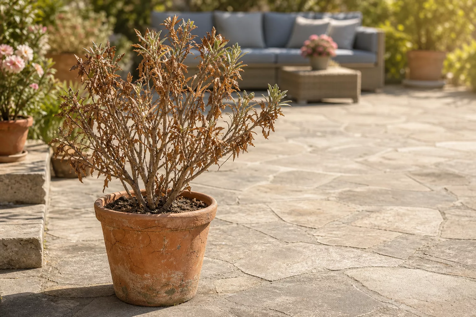 Oleander vertrocknet im Kübel auf sonniger Terrasse nach dem Winter