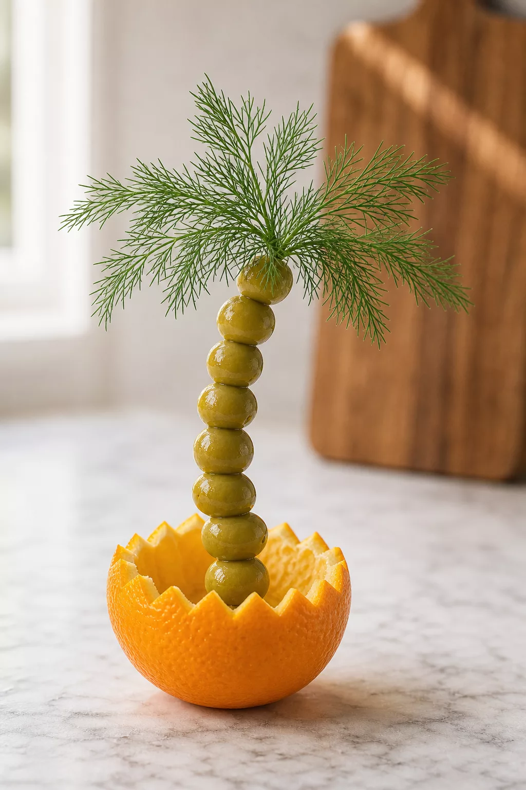 Palme aus grünen Oliven in einer ausgehöhlten Orange