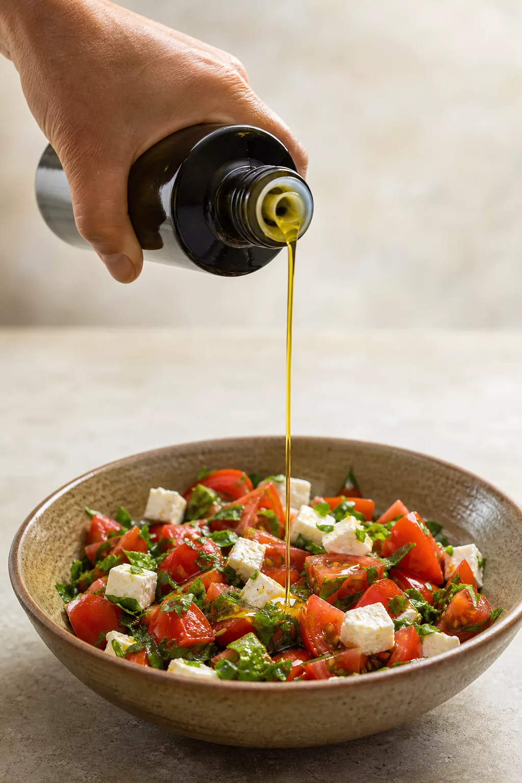 Olivenöl wird über frischen Salat gegossen