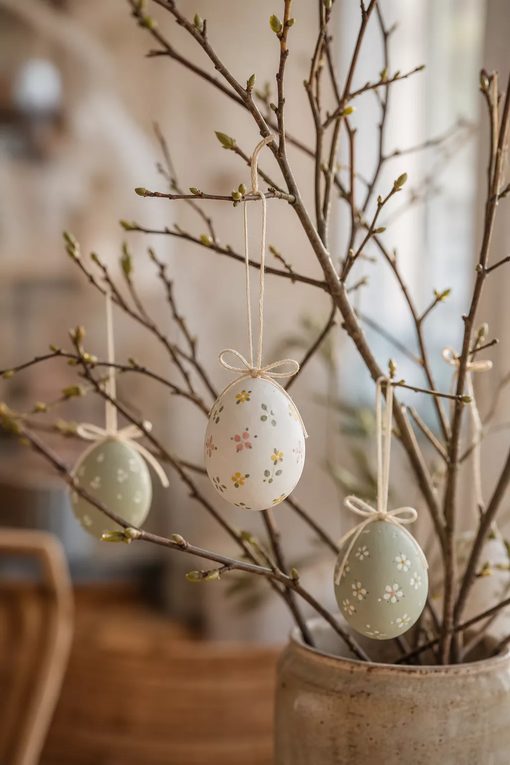 Bemalte Ostereier hängen an kahlen Zweigen als Osterbaum-Deko