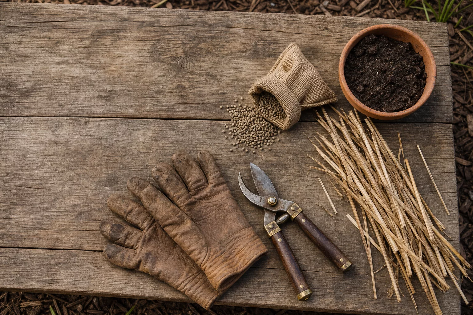 Gartenwerkzeug und Pflegemittel für Pampasgras im Beet