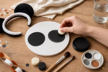 Schwarze Panda-Augenringe werden auf weißer Übungsscheibe mit Schwamm geschminkt