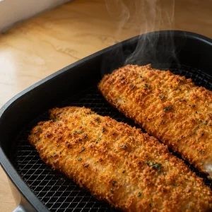 Goldbraun knuspriges Pangasiusfilet frisch aus dem Airfryer