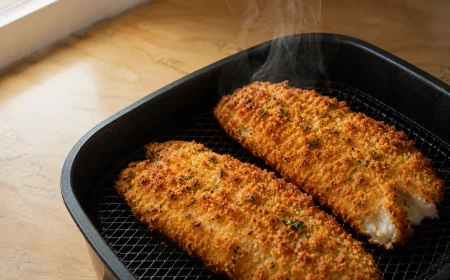 Goldbraun knuspriges Pangasiusfilet frisch aus dem Airfryer