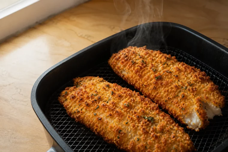 Goldbraun knuspriges Pangasiusfilet frisch aus dem Airfryer