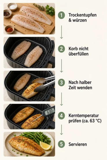 Infografik Schritt-Plan für Pangasiusfilet im Airfryer