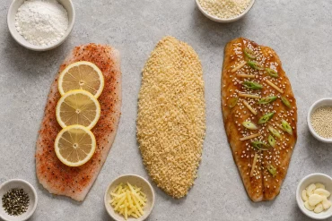 Drei Gewürz- und Panier-Varianten für Pangasiusfilet