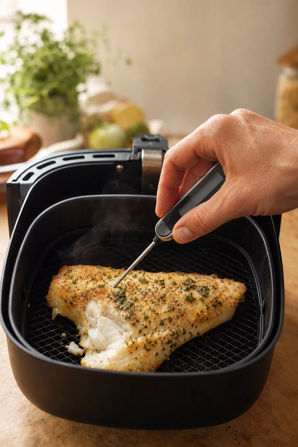 Kerntemperatur von Pangasiusfilet wird mit Thermometer geprüft