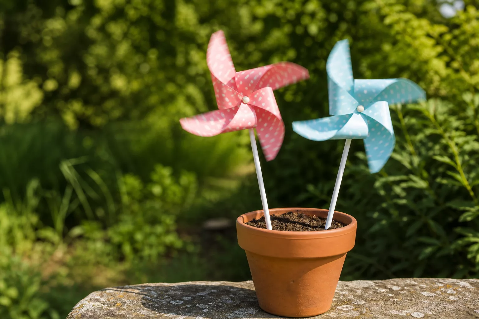 Zwei Papierwindräder in Rosa und Blau stecken in einem Blumentopf
