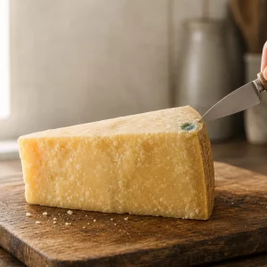 Parmesan schimmelt: Ecke des Käselaibs wird auf Schimmel kontrolliert
