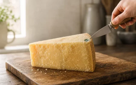 Parmesan schimmelt: Ecke des Käselaibs wird auf Schimmel kontrolliert