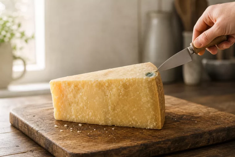 Parmesan schimmelt: Ecke des Käselaibs wird auf Schimmel kontrolliert