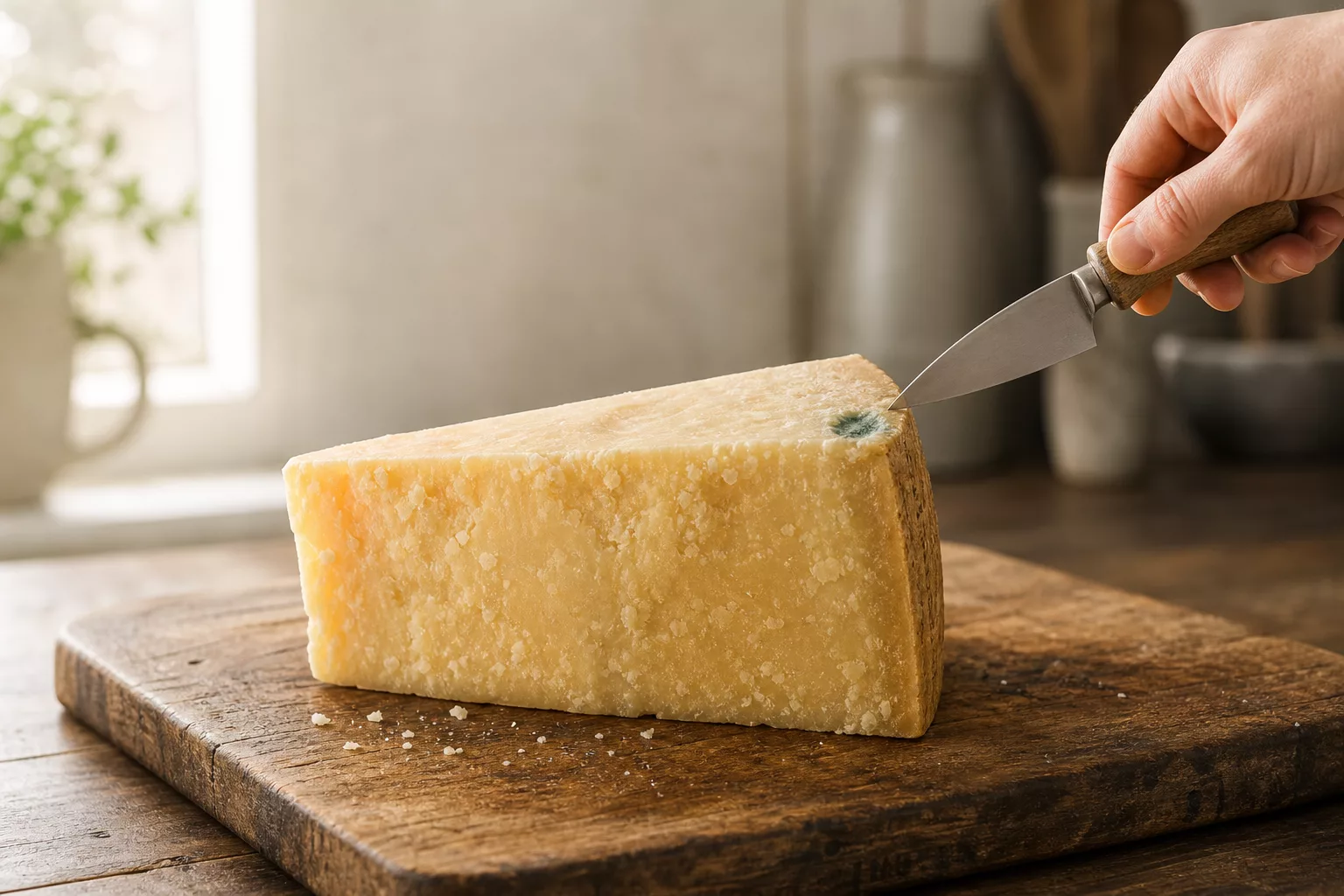 Parmesan schimmelt: Ecke des Käselaibs wird auf Schimmel kontrolliert