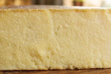 Weiße Kristallpünktchen im Anschnitt von gereiftem Parmesan