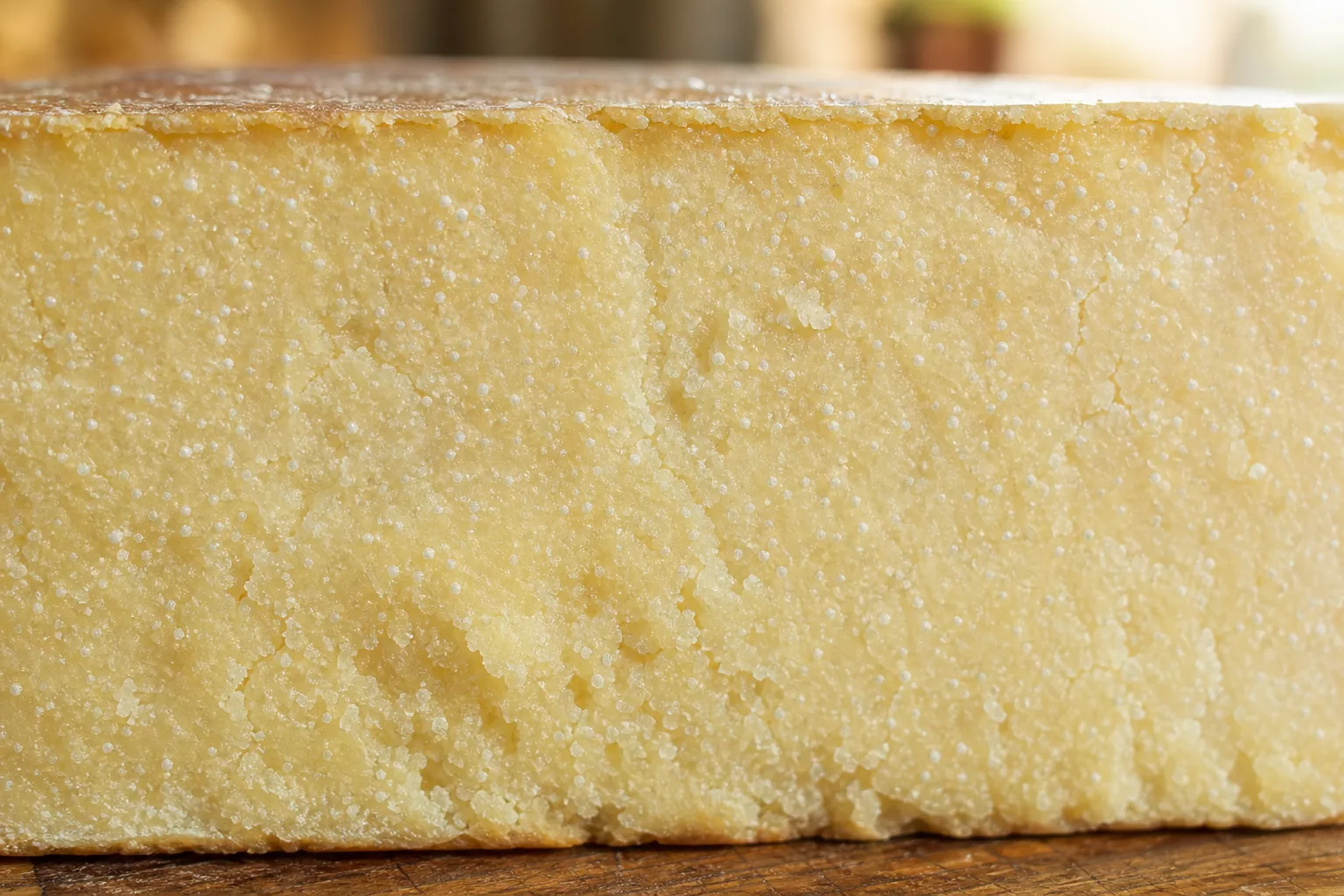 Weiße Kristallpünktchen im Anschnitt von gereiftem Parmesan