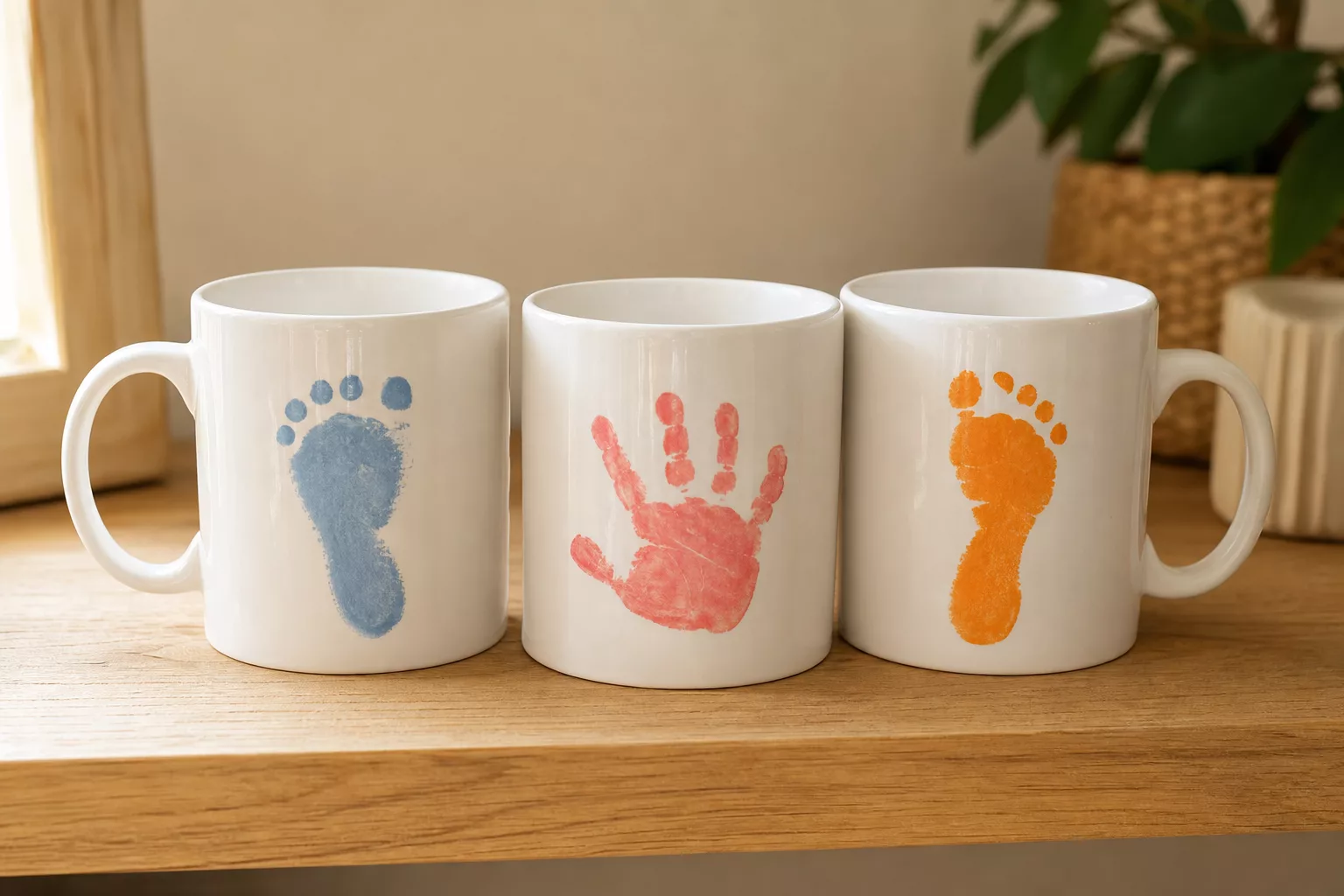 Personalisierte Tassen mit bunten Fuß- und Handabdrücken als Vatertagsgeschenk