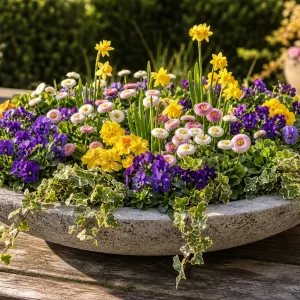 Bunte Pflanzen für flache Schalen in einer runden Steinschale