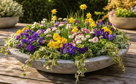Bunte Pflanzen für flache Schalen in einer runden Steinschale