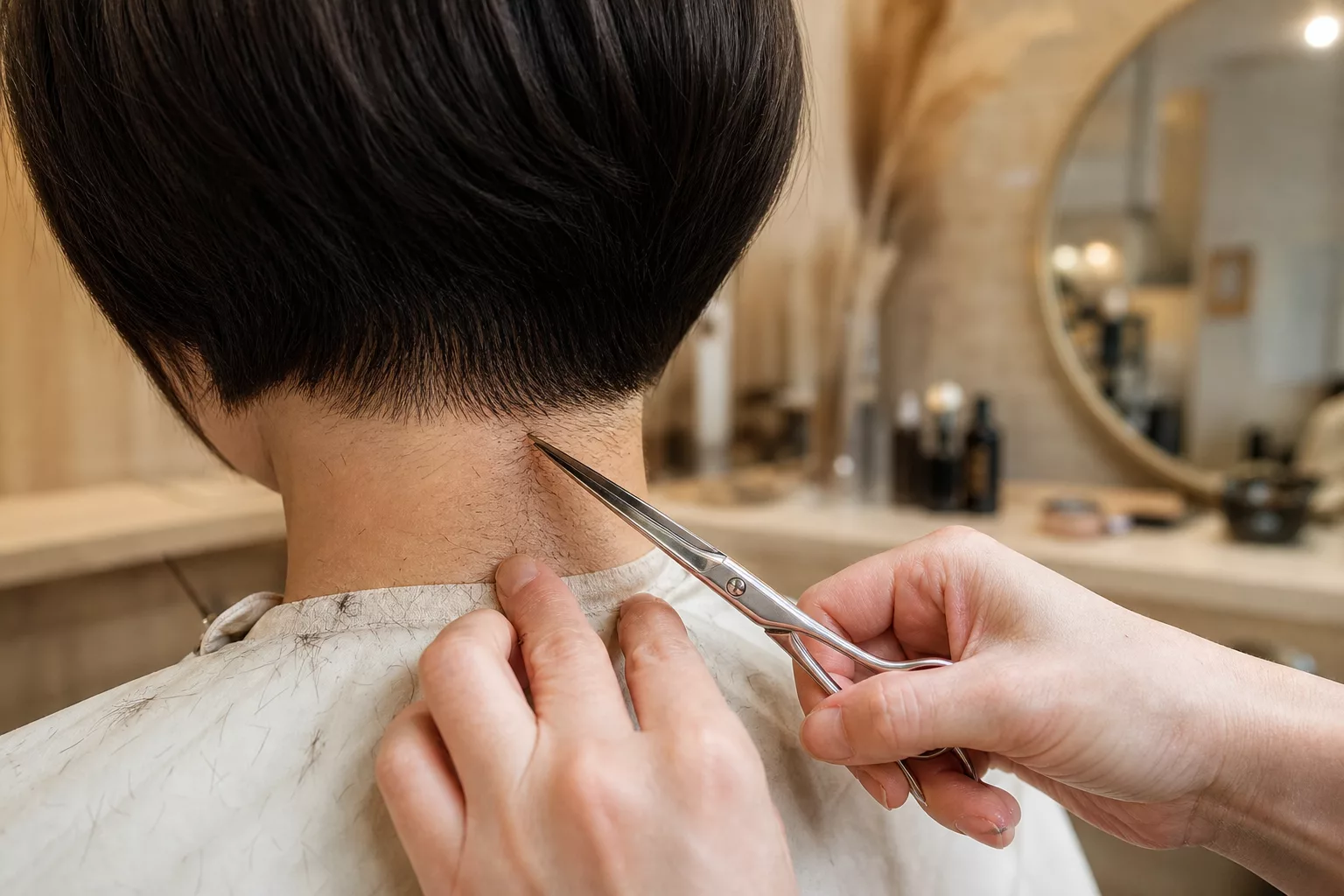 Friseurhände schneiden den kurzen Nacken eines Pixie-Bob-Haarschnitts