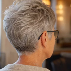 Pixie Cut ab 60 mit Brille von hinten mit Seitenschwung