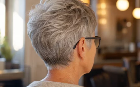 Pixie Cut ab 60 mit Brille von hinten mit Seitenschwung