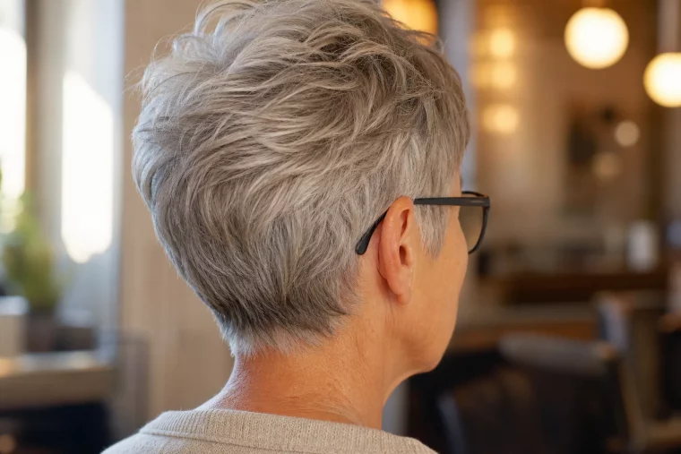 Pixie Cut ab 60 mit Brille von hinten mit Seitenschwung