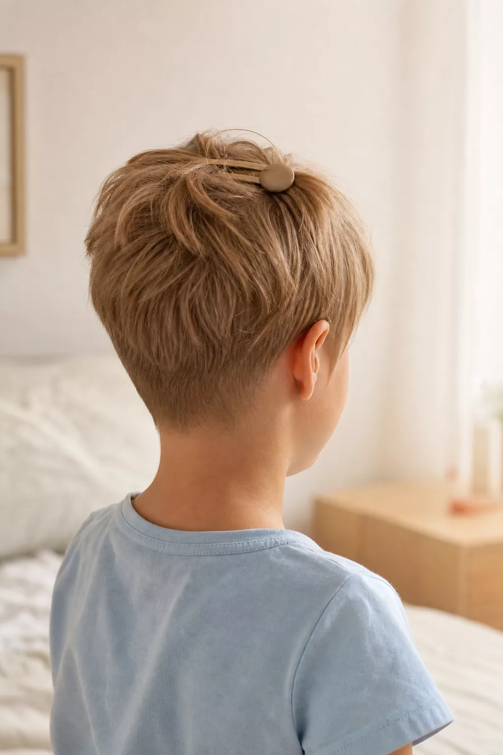Pixie Cut oder Tomboy Cut bei einem Mädchen, sehr kurzer Kinderhaarschnitt von hinten