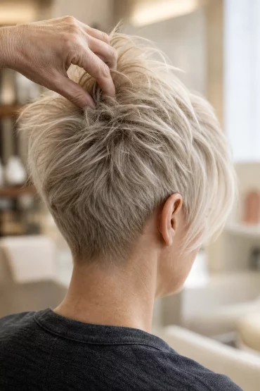 Kurzer Pixie Cut mit Pony, Silhouette von der Seite