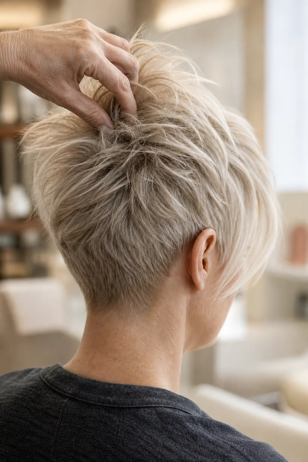 Kurzer Pixie Cut mit Pony, Silhouette von der Seite