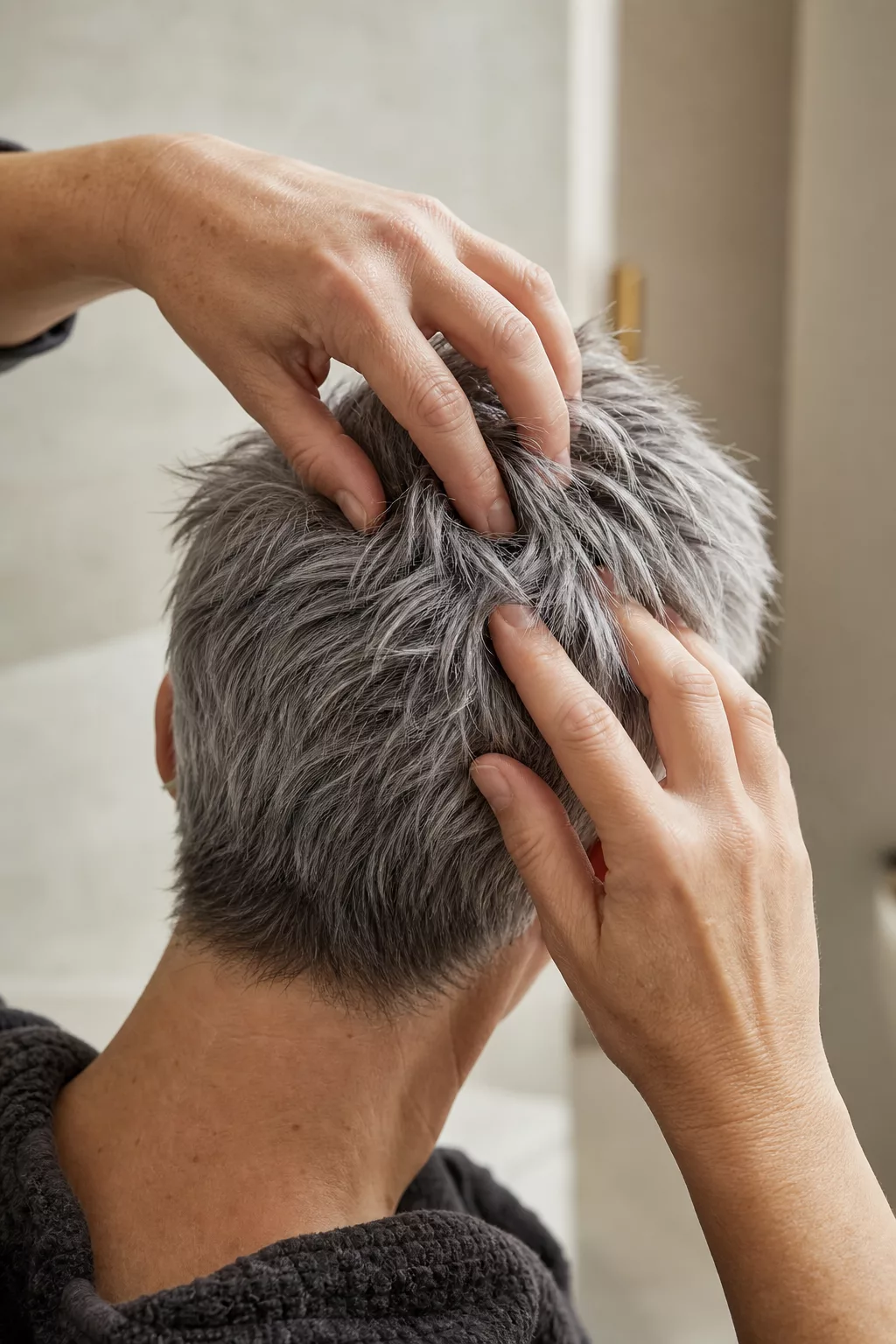 Hand verteilt Stylingwachs im kurzen Pixie-Haar