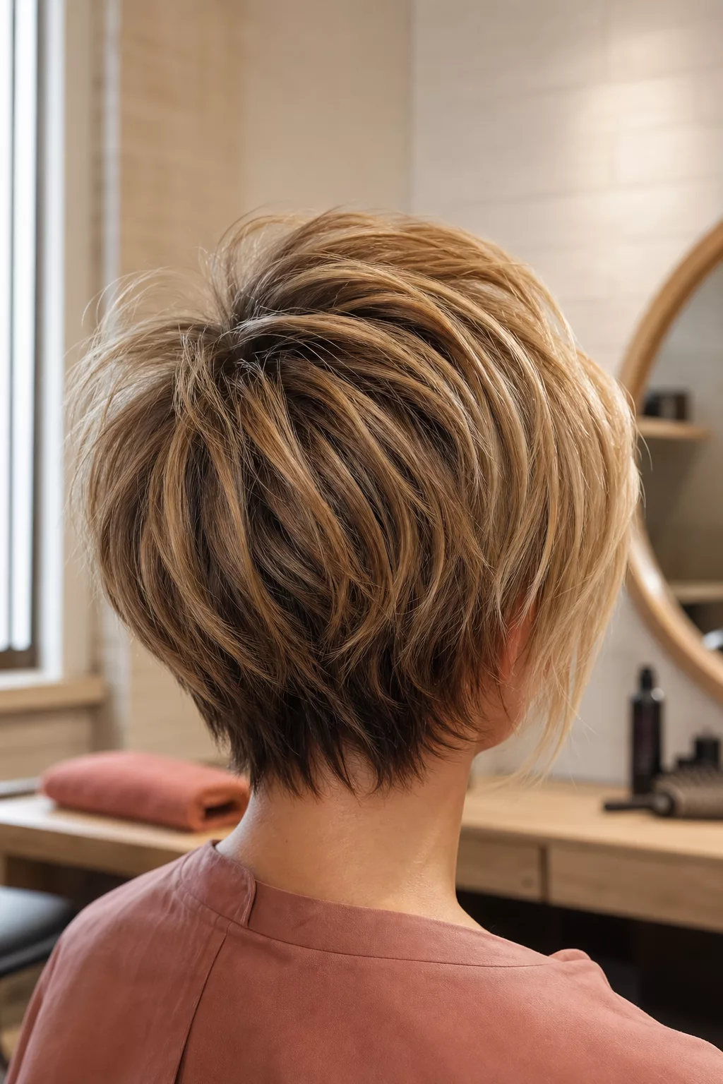 Pixie-Schnitt mit langem, seitlich gestyltem Pony von der Seite