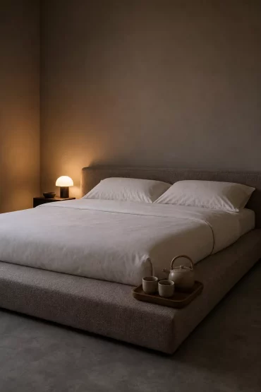 Gepolstertes Podestbett in minimalistischem Schlafzimmer am Abend
