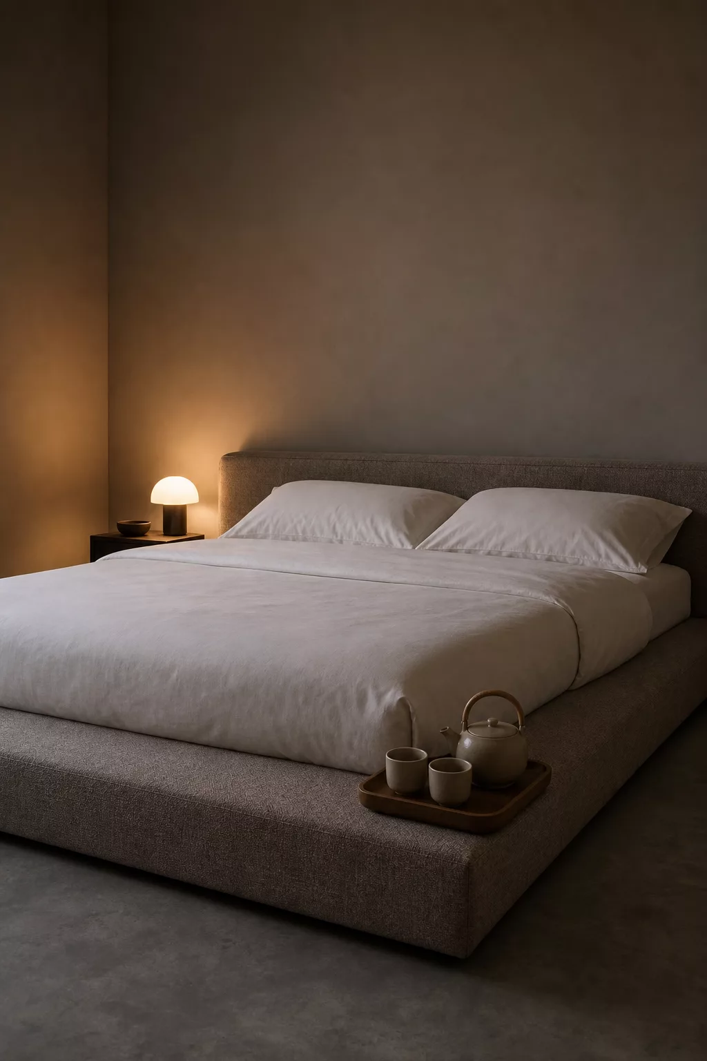 Gepolstertes Podestbett in minimalistischem Schlafzimmer am Abend