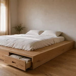 Podestbett bauen mit Massivholz und integrierten Schubladen im Schlafzimmer
