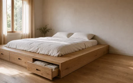 Podestbett bauen mit Massivholz und integrierten Schubladen im Schlafzimmer