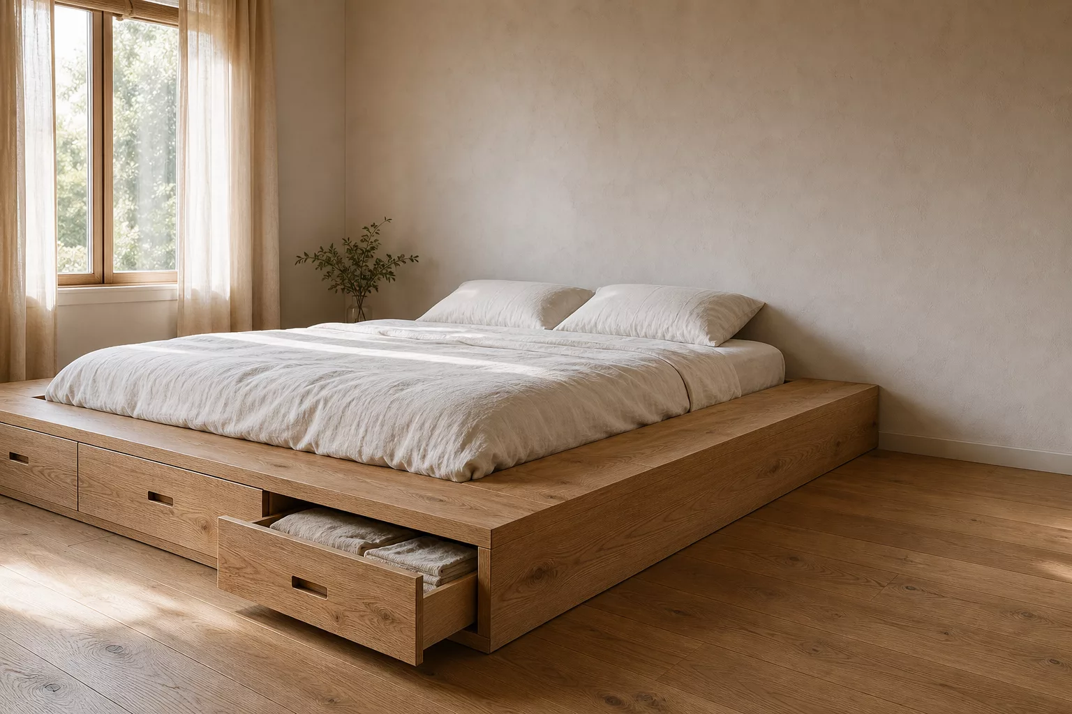 Podestbett bauen mit Massivholz und integrierten Schubladen im Schlafzimmer