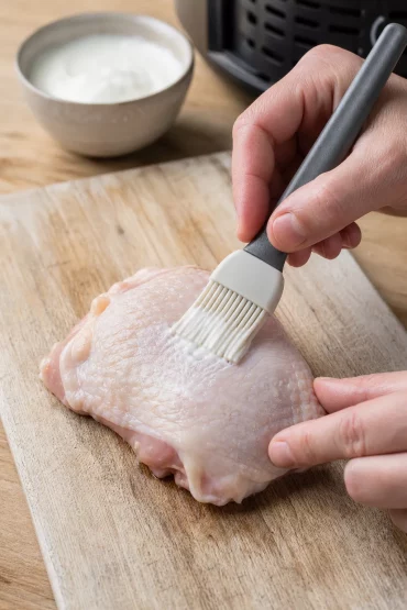 Hände bepinseln Hähnchenhaut dünn mit Joghurt