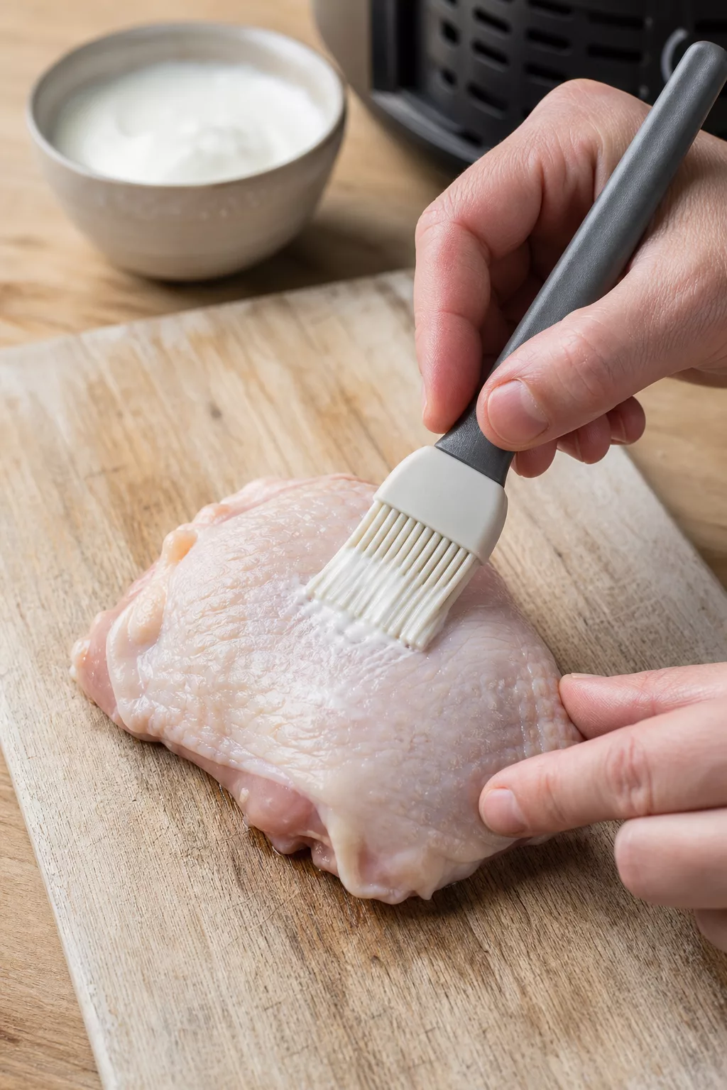 Hände bepinseln Hähnchenhaut dünn mit Joghurt